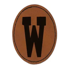 Letter W Uppercase Fun Bold Font Round Iron-On Engraved Faux Leather Patch Applique - 2.5" Brown