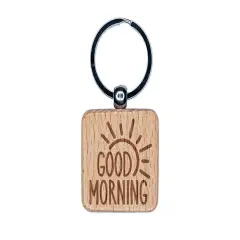 Good Morning Sun Engraved Wood Square Keychain Tag Charm