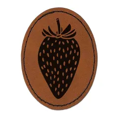 Strawberry Fruit Drawing Round Iron-On Engraved Faux Leather Patch Applique - 2.5" Brown
