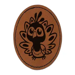 Cute Kawaii Peacock Bird Round Iron-On Engraved Faux Leather Patch Applique - 2.5" Brown
