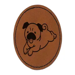 Pug Laying Down Dog Round Iron-On Engraved Faux Leather Patch Applique - 2.5" Brown