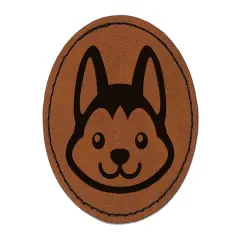 Chibi Husky Dog Head Round Iron-On Engraved Faux Leather Patch Applique - 2.5" Brown