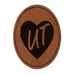 UT Utah State in Heart Round Iron-On Engraved Faux Leather Patch Applique - 2.5" Brown