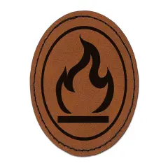 Flammable Fire Icon Round Iron-On Engraved Faux Leather Patch Applique - 2.5" Brown