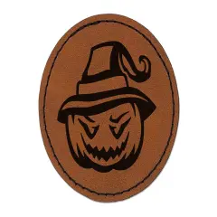 Jack-O'-Lantern Pumpkin Wearing Witch Hat Halloween Round Iron-On Engraved Faux Leather Patch Applique - 2.5" Brown