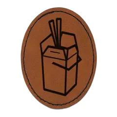 Chinese Food Take Out Away Doodle Round Iron-On Engraved Faux Leather Patch Applique - 2.5" Brown