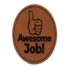 Awesome Job Thumbs Up Compliment Teacher Student Round Iron-On Engraved Faux Leather Patch Applique - 2.5" Brown