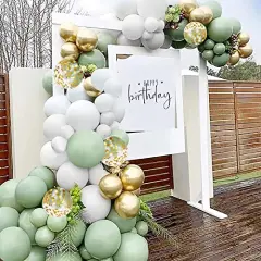 65 Pieces 12 Inches Sage Green Gold Confetti Balloons Kit, Green White Metallic Gold Party Balloons with Ribbons for Birthday, Wedding, Baby Shower, Graduation, Eucalyptus Party Decorations