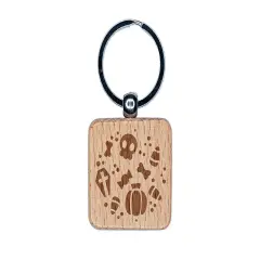 Halloween Elements Skull Pumpkin Candy Corn Grave Engraved Wood Square Keychain Tag Charm