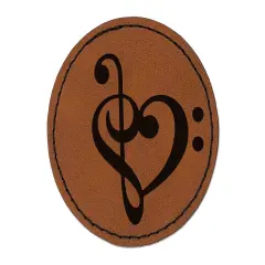Treble Bass Clef Heart Music Love Round Iron-On Engraved Faux Leather Patch Applique - 2.5" Brown