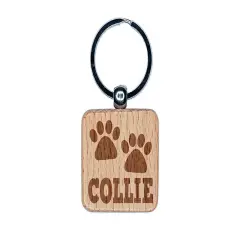 Collie Dog Paw Prints Fun Text Engraved Wood Square Keychain Tag Charm