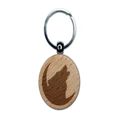 Wolf Howling Crescent Moon Engraved Wood Round Keychain Tag Charm