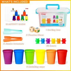 Counting Bears with Matching Sorting Cups,Pre-School Math Learning Games with 2 Dices,Color Recognition STEM Educational Toy for Toddler Bonus Tweezers, Storage Box, Activity Cards