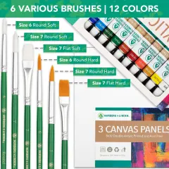 Canvas and Acrylic Paint Sets for Adults, Teens, Kids - Includes 12 Vivid Colors, 3 Painting Canvas Panels & 6 Assorted Brushes