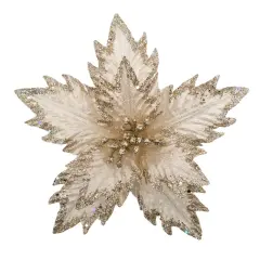10" Off-White Velvet Poinsettia Flower with Gold Trim &ndash; Elegant Christmas Decoration