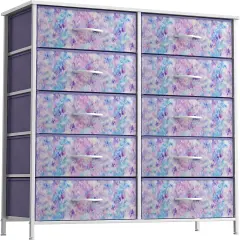 Sorbus Dresser with 10 Drawers - Storage Unit Organizer Chest for Clothes - Bedroom, Room, Nursery, & Closet - Steel Frame, Wood Top & Handles, and Easy Pull Fabric Bins Tie Dye Purple