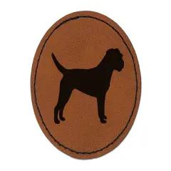 Border Terrier Dog Solid Round Iron-On Engraved Faux Leather Patch Applique - 2.5" Brown