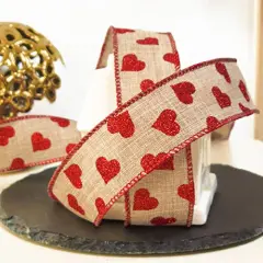 1.5" x 20 Yards x 1 Roll Faux Jute with Red Glitter Heart Wired Ribbon for Home Decor, Gift Wrapping, DIY Crafts