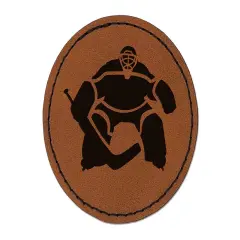 Hockey Goalie Goalkeeper with Stick Round Iron-On Engraved Faux Leather Patch Applique - 2.5" Brown