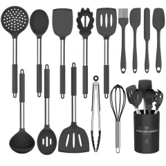 15 Pieces Silicone Cooking Utensil Set, Umite Chef Silicone Cooking Kitchen Utensils Set, Non-stick - Best Kitchen Cookware with Stainless Steel Handle - Black