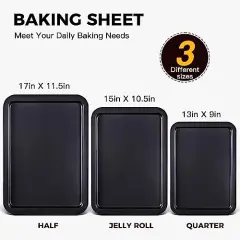 3 PACK Baking Sheet Pan Set, Cookie Sheet for Oven, Nonstick Bakeware Sets with Wider Grips, 3 Pack Half/Jelly Roll/Quarter Baking Tray, Premium, Dishwasher Safe - Dark Grey