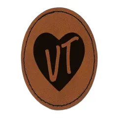 VT Vermont State in Heart Round Iron-On Engraved Faux Leather Patch Applique - 2.5" Brown