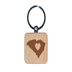 South Carolina State with Heart Engraved Wood Square Keychain Tag Charm