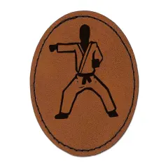 Kung Fu Martial Arts Rider Stance Karate Gi Round Iron-On Engraved Faux Leather Patch Applique - 2.5" Brown