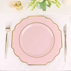 10 Pcs 12" Disposable Baroque Plastic Dinner Plates with Gold Rim Blush