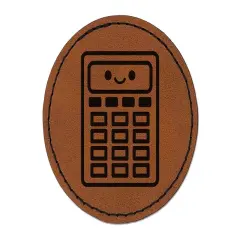 Kawaii Calculator Math Teacher School Round Iron-On Engraved Faux Leather Patch Applique - 2.5" Brown
