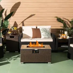 32 Inch x 20 Inch Propane Rattan Fire Pit Table Set with Side Table Tank and Cover-Coffee
