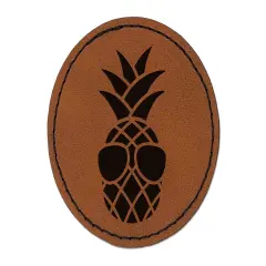 Pineapple Wearing Sunglasses Round Iron-On Engraved Faux Leather Patch Applique - 2.5" Brown