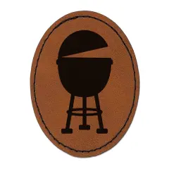 BBQ Barbecue Grill Round Iron-On Engraved Faux Leather Patch Applique - 2.5" Brown