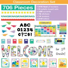 Carson Dellosa Happy Place 706PC Teacher Supplies, Calendar, Welcome Banner, Borders, Posters, Stickers, Name Labels for Kids and More Back to School Decorations for Bulletin Board and Classroom Decor