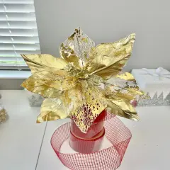 Metallic Gold Mesh Poinsettia Stem Flower Set of 2