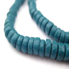 The Bead Chest Teal Sandcast Disk Beads - Full Strand of 7mm African Rondelle Donut Glass Beads from Ghana