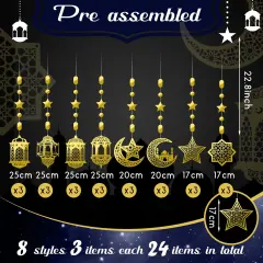 24 Pieces Islamic Star Moon Lantern Ramadan Garland Eid Decoration Streamer Ramadan Mubarak Party Banner Backdrop Shining Hanging Wall Decorations for Home Wedding Decor Islam Party(Gold)