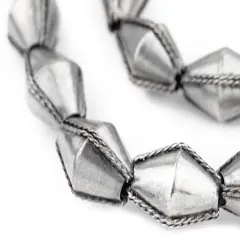 The Bead Chest Ethiopian Wired Dark Silver Bicone Beads 22x16mm African White Metal Large Hole 24 Inch Strand Handmade