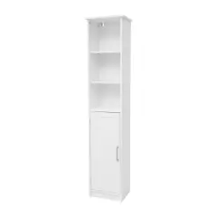Merrick Lane Vigo Slim Linen Tower Organizer with Adjustable Cabinet Shelves, Open Shelves, and Magnetic Closure Doors White