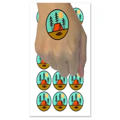 Simple Tent Camping in Woods Temporary Tattoo Water Resistant Fake Body Art Set Collection (1 Sheet)