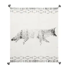 Fox in Forest Grayscale Printed 100% Cotton Throw Blanket w/ Tassels 50" x 60"