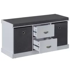 White Shoe Storage Bench with Wooden Frame, 2 Drawers, Foldable Baskets, and Comfortable Gray Cushion for Entryway, Hallway, or Bedroom Organization
