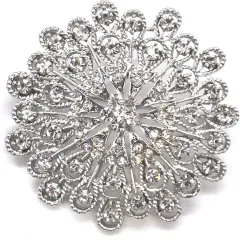 Belagio Rhinestone Brooch, 2.5" Diameter, 1 Piece, Peacock Medallion, Silver/Crystal