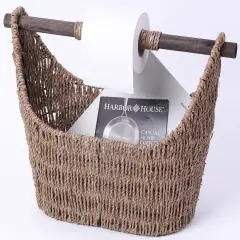 Seagrass Decorative Bathroom Basket &ndash; Handwoven Magazine Rack, Storage Organizer for Small Essentials, Washcloths and Toiletries, with Wooden Rod Toilet Paper Holder for Easy Dispensing