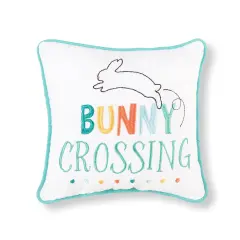 Easter "Bunny Crossing" Embroidered Small/Petite Spring Themed Accent Pillow, 10" x 10"