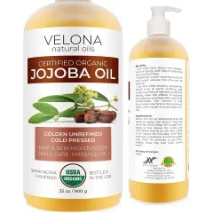 Velona Jojoba Oil USDA Certified Organic - 32 oz | 100% Pure and Natural Carrier Oil| Golden, Unrefined, Cold Pressed, Hexane Free | Moisturizing Face, Hair, Body, Skin Care, Stretch Marks, Cuticles | Use Today - Enjoy Results