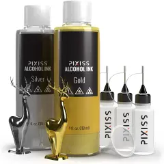 Pixiss Silver and Gold Metallic Alcohol Ink for Resin, 3 Pixiss Applicator Bottles