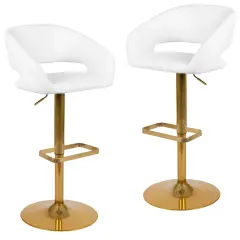 Emma and Oliver Modern Vinyl Adjustable Height Barstool with Horizontal Stitch Back, Set of 2 WhiteVinyl/GoldFrame