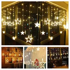 Twinkle Star 12 Stars 138 LED Curtain String Lights, Window Curtain Lights with 8 Flashing Modes Ramadan Decoration for Christmas, Wedding, Party, Home Decorations (Warm White)