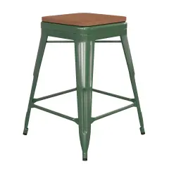 Emma and Oliver Kam Backless Metal Indoor-Outdoor Stool with All-Weather Polystyrene Seat Green/Teak